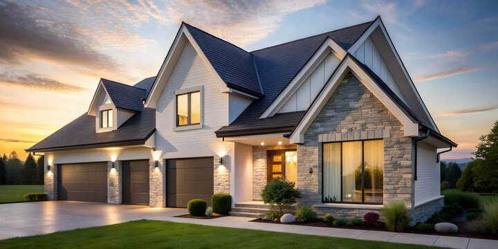 White modern home with unique gable roof and stone facade captured in golden hour light, architecture, texture, lines