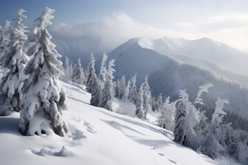 Fototapeta premium Snow Covered Fir Trees On Mountain Slope In Winter Landscape