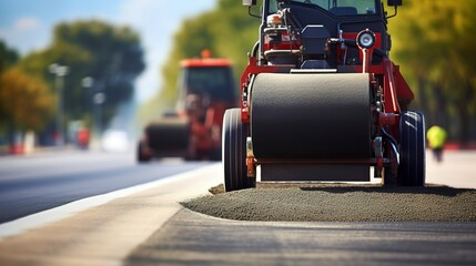 A photo of an asphalt roller on a newly paved road.