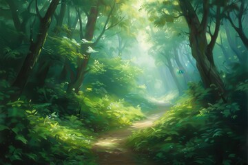 Obraz premium Lush Forest Serenity, an enchanting depiction of a vibrant forest landscape, featuring dense greenery, dappled sunlight filtering through leaves, and a tranquil atmosphere.