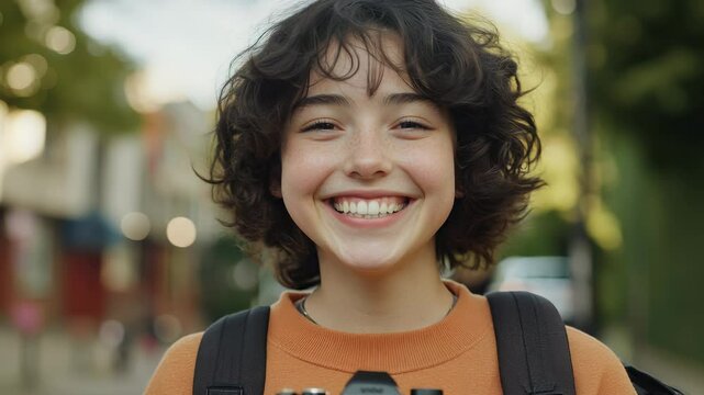 Smiling non-binary teenager with camera, showcasing individuality.