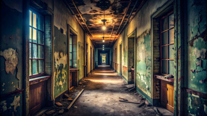 Fototapeta premium Abandoned dark hallway in dilapidated building , abandoned, dark, hallway, dilapidated, building, eerie