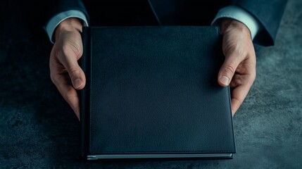 A pair of hands holding a closed black book against a textured background, symbolizing mystery and potential.