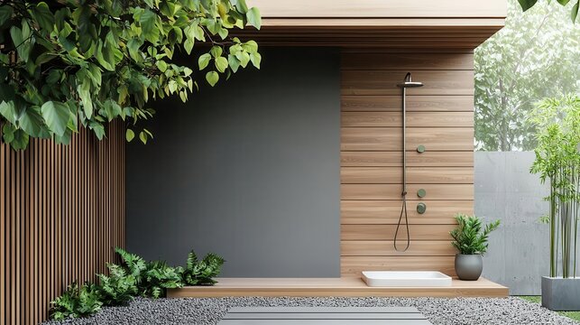 Single container home with a small outdoor shower and minimalist landscaping, outdoor shower, natural luxury