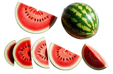 A watermelon photographed whole and sliced from different angles on a white background