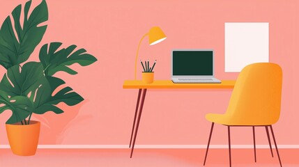 Bright and modern workspace with a stylish desk, laptop, and decorative plant in a warm, inviting environment.