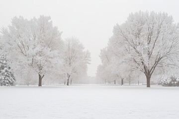 Fototapeta premium Snow-Covered Park with Trees Against White Sky, Hyper-Realistic Wide Shot