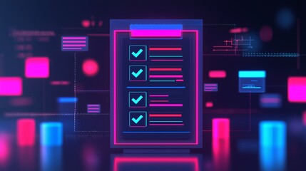 Futuristic checklist with neon accents and digital background, perfect for technology and productivity themes.