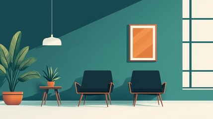 Fototapeta premium Modern interior design featuring stylish chairs, potted plants, and vibrant colors for a cozy atmosphere.