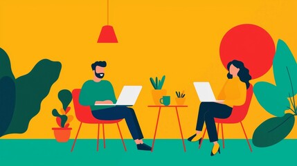 Modern workspace with two professionals using laptops in a vibrant setting, featuring plants and a colorful backdrop.