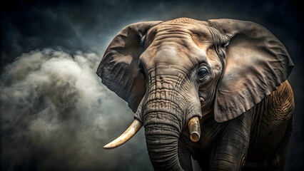 Obraz premium Detailed image of an elephant with curled trunk and prominent tusks against a dark, moody background, elephant, texture