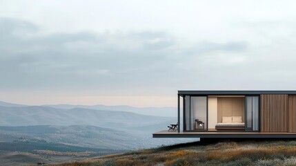 Minimal container home with a small, integrated deck, set against a backdrop of rolling hills, deck integration, harmony with landscape
