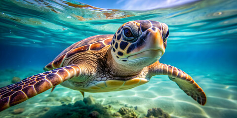 Fototapeta premium Close-up view of a sea turtle, symbol of longevity, in clear emerald waters, sea turtle, longevity, symbol