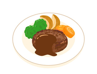 ハンバーグと野菜の付け合わせのイラスト