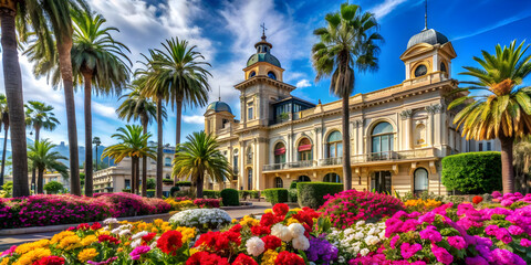 Scenic facade of Sanremo Casino with palm trees and colorful flowers, Sanremo, Casino, facade, scenic, palm trees