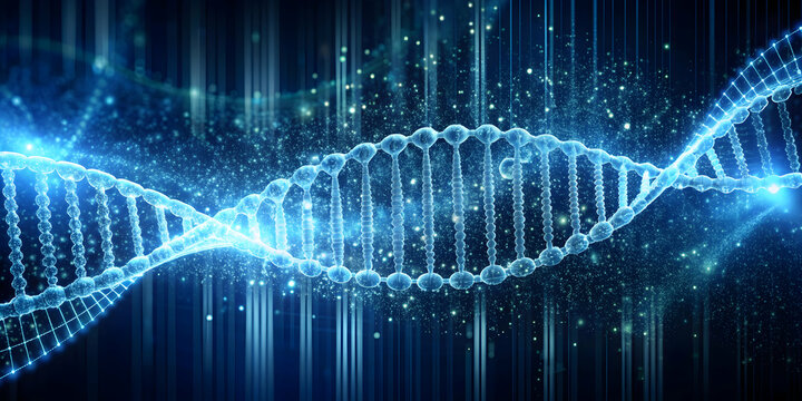 Abstract DNA helix emerging from binary code cloud, genetic, information, digitalization, glowing, pattern, technology