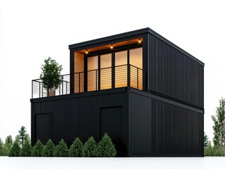 Fototapeta premium Minimalist container home with a rooftop terrace and simple outdoor lighting, rooftop living, elevated space