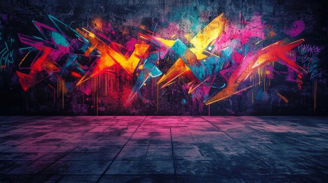 Dark graffiti wall with glowing accents, muted background with splashes of vibrant neon colors