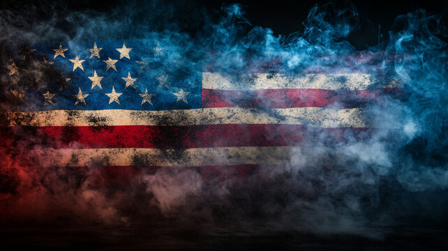 A smoky representation of the American flag with vibrant colors against a dark background