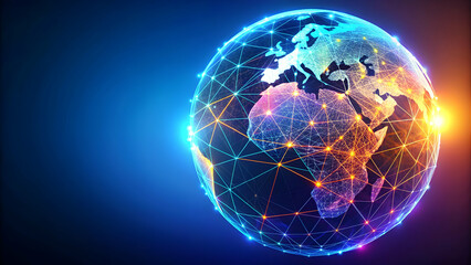 Fototapeta premium Neural lowpoly futuristic neon network of earth globe, Neural, lowpoly, AI, futuristic, neon, network