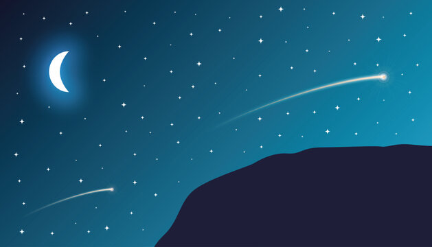 Minimalist cliffside view under a starry sky with a glowing moon. Perfect for nightscape designs, serene themes, and celestial projects. Available as EPS for scalable, customizable assets