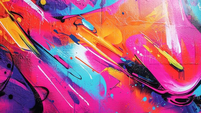 Energetic graffiti wall with layers of abstract street art, bold splashes of neon colors