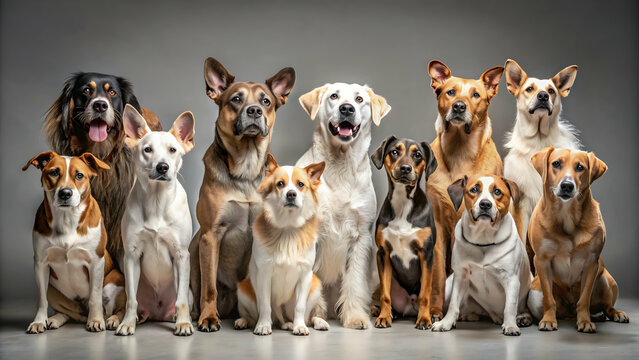 Portrait of a diverse group of dogs posing together, dogs, pets, diverse, group, together, posing, cute, adorable