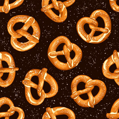 A vector seamless pattern featuring traditional german pretzels on a dark background, perfect for festive designs and Oktoberfest celebrations
