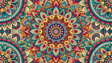Fototapeta premium Boho pattern with vibrant colors and intricate designs, bohemian, tribal, eclectic, vintage, ethnic, hippie, artistic