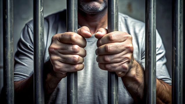 Closeup of man's hands gripping prison bars tightly, imprisonment, captivity, hands, man, prison, confinement, despair