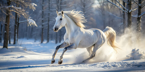Fototapeta premium Detailed of a white horse running in the snow with winter forest background, white, horse, snow, running, winter, forest, nature
