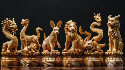 Chinese Zodiac Collection: Geometric Minimalist Style Mascots of Rabbit, Dragon, Snake, Tiger, Ox, Rat, Pig, Dog, Rooster, Monkey, and Goat for Chinese New Year