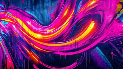 Fototapeta premium Graffiti wall with glowing light trails, dynamic street art patterns with bright neon lines