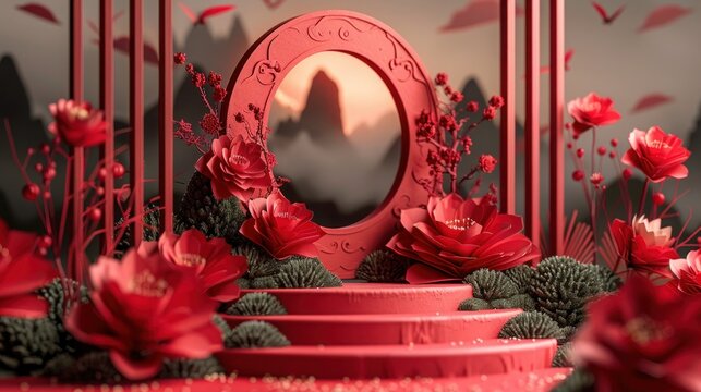 Festive Podium Stage with Red Paper Cut Art and Craft for Merry Christmas and Happy New Year Greetings - Powered by Adobe