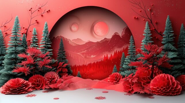 Festive Podium Stage with Red Paper Cut Art and Craft for Merry Christmas and Happy New Year Greetings