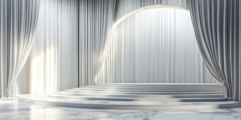 Obraz premium modern theater curved tiered stage with opened luxury light grey curtain and elegant marble floor 