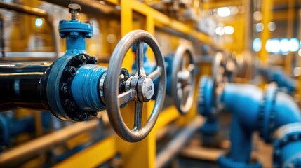 Obraz premium Industrial Pipeline System with Blue Valves and Yellow Framework in a Factory Setting
