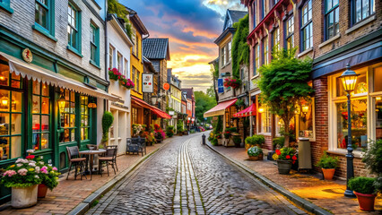 Fototapeta premium Busy street in a quaint town with colorful shops and cobblestone roads, Street, town, country, busy, shops, cobblestone