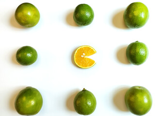 Oranges and lemons and slice of fresh orange on the White background.
