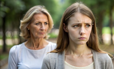Naklejka premium Relationship between mother and daughter, different age generations, bad relations in family, conflict concept, abuse . emotional scene .