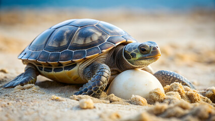 Fototapeta premium Father turtle helping his hatchling, father, turtle, hatchling, nature, wildlife, family, caring, love, protection, ocean