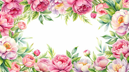 Obraz premium Floral border greeting card with watercolor peonies, ideal for weddings, birthdays, holidays, and summer backgrounds