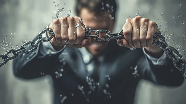 Man breaking chains underwater symbolizes freedom.