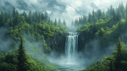 Fototapeta premium Serene waterfall surrounded by lush greenery and misty mountains.