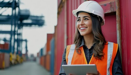 A confident woman in a hard hat and safety vest examines a tablet at a bustling shipping yard, embodying professionalism and safety.