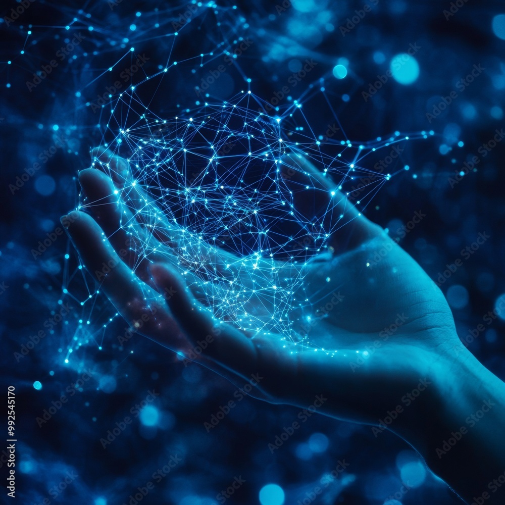Aufkleber Hand and Big Data Connection Dots. Cloud Storage and AI Coding with Blue Network Connectivity