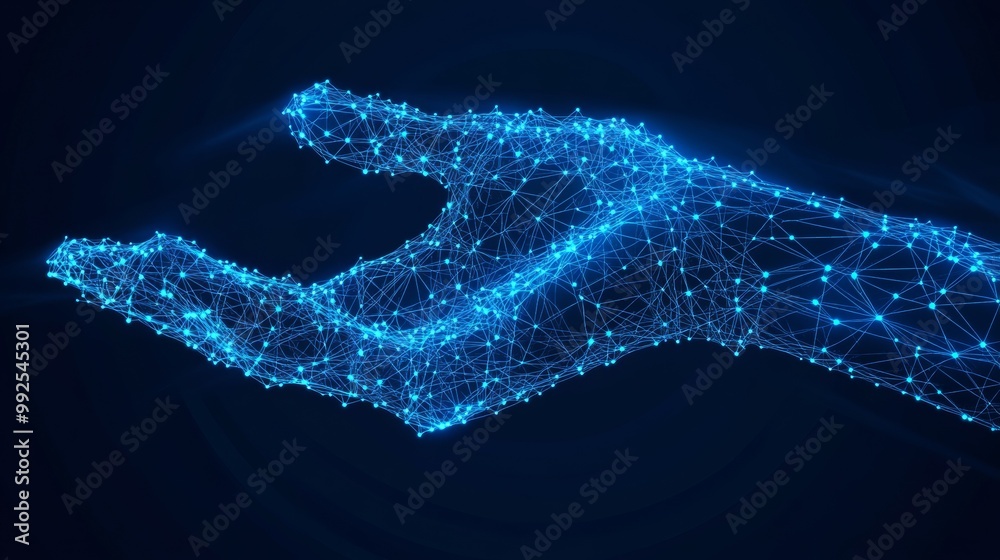 Poster Hand and Big Data Connection Dots. Cloud Storage and AI Coding with Blue Network Connectivity