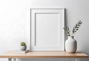 White frame standing on a wooden desk with a vase and a plant next to it