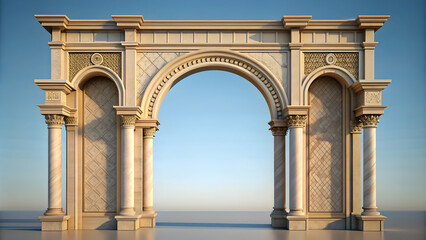 Fototapeta premium Gilded rendering of an ornate arched pillar gateway showcasing a geometric structure , metal, ornament, blueprint