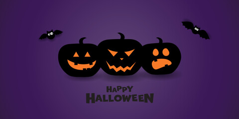 Happy Halloween Banner with scary pumpkins and bats. Vector illustration